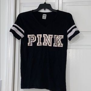 pink v neck sequin jersey top